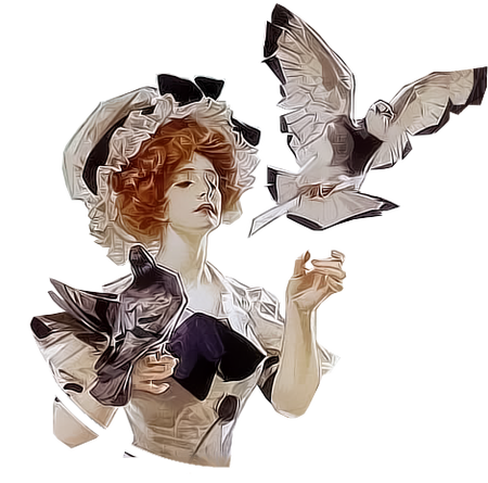 An Edwardian woman holding a pigeon and watching another fly off. Illustrated by J. C. Leyendecker.